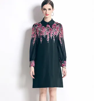 M-3XL Летнее платье с отложным воротником 2023, Высококачественное Модное Женское Шифоновое платье с цветочным принтом и длинным рукавом, Свободные вечерние платья трапециевидной формы