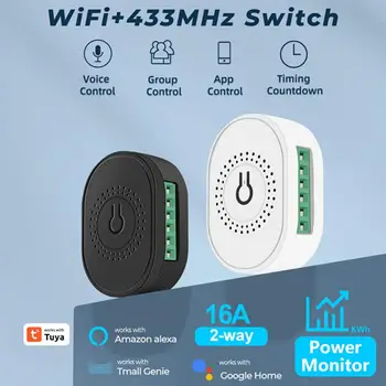 Мини-выключатель Tuya 16A Wifi + RF 433 С выключателем питания, двусторонним реле таймера, умным выключателем жизни, Работа с Alexa Home