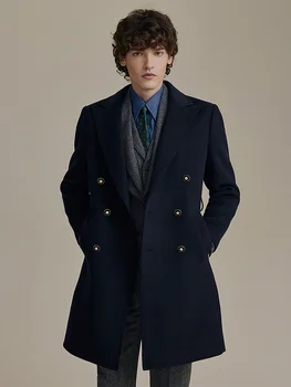 Мужские Длинные куртки из 70% шерсти, Двубортная Зимняя Толстая шерстяная верхняя одежда темно-синего цвета, мужская одежда, модные Роскошные пальто в повседневном стиле